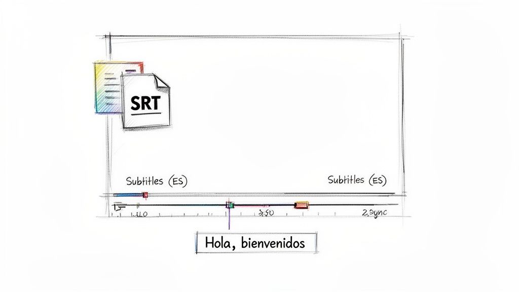 A sketch illustrates syncing an SRT subtitle file to a video timeline, showing 'Hola, bienvenidos' in Spanish.