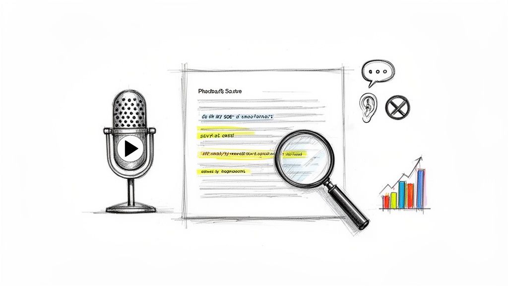 A sketch showing a microphone, a document with highlighted text, a magnifying glass, and speech/ear icons, suggesting audio transcription and analysis.