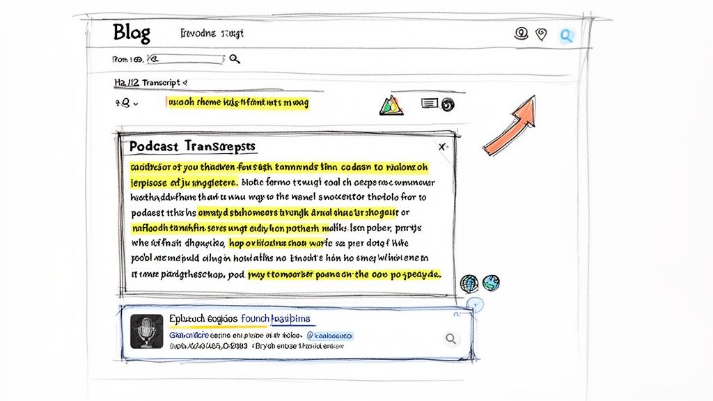 A hand-drawn wireframe of a blog page displaying a podcast transcript with highlighted text.