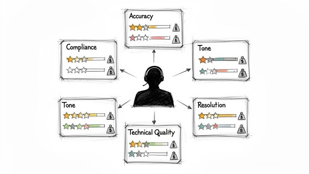 A call center agent's performance metrics are evaluated across compliance, accuracy, tone, resolution, and technical quality.