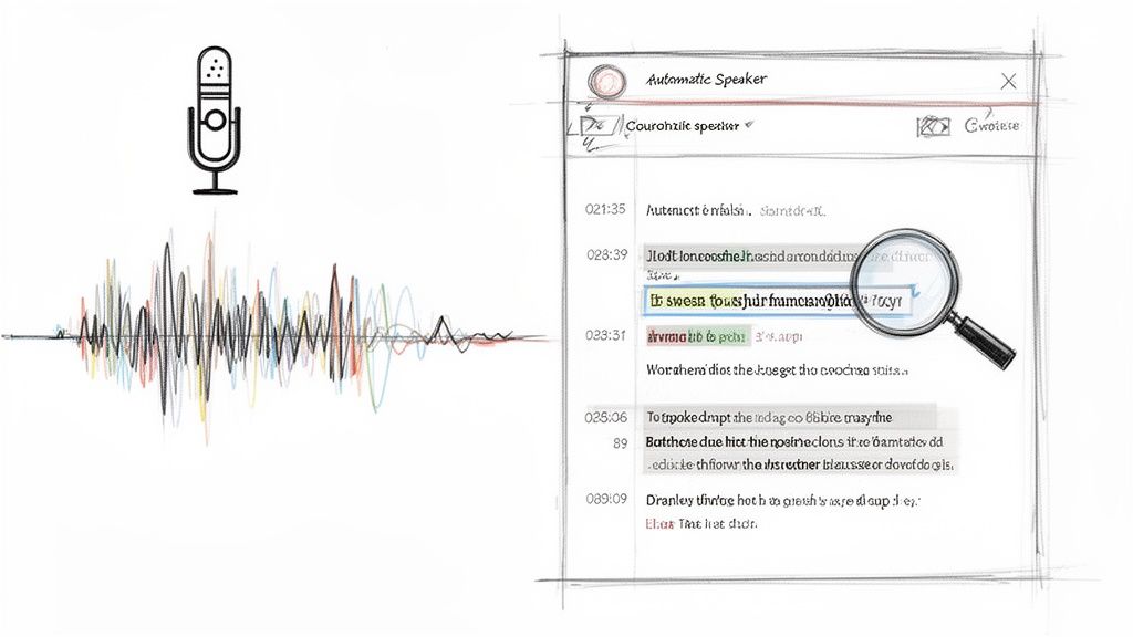 Sketch of a microphone, colorful sound wave, and a window for automatic speech transcription.