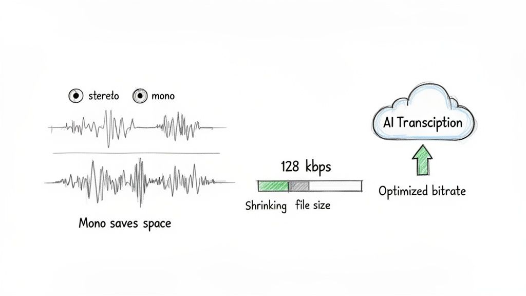 Diagram illustrating audio optimization steps for AI transcription, including stereo to mono conversion and file size reduction.