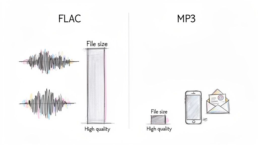Illustration comparing FLAC and MP3 audio, showing FLAC's larger file size versus MP3's smaller, portable high-quality format.