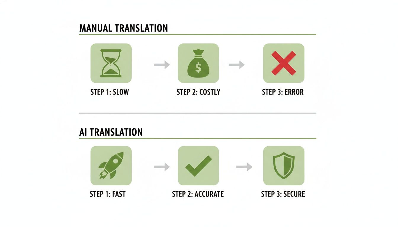 Infographic comparing manual translation (slow, costly, error) with AI translation (fast, accurate, secure).