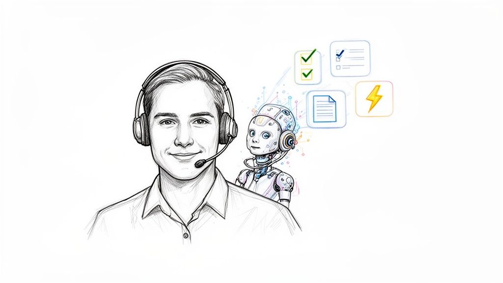 Sketch of a customer service agent wearing a headset, assisted by a small robot with digital support icons.