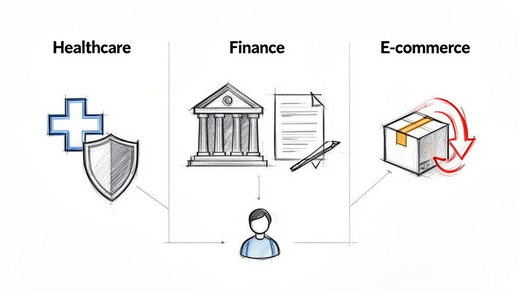 Diagram showing a person connected to healthcare, finance, and e-commerce sectors.