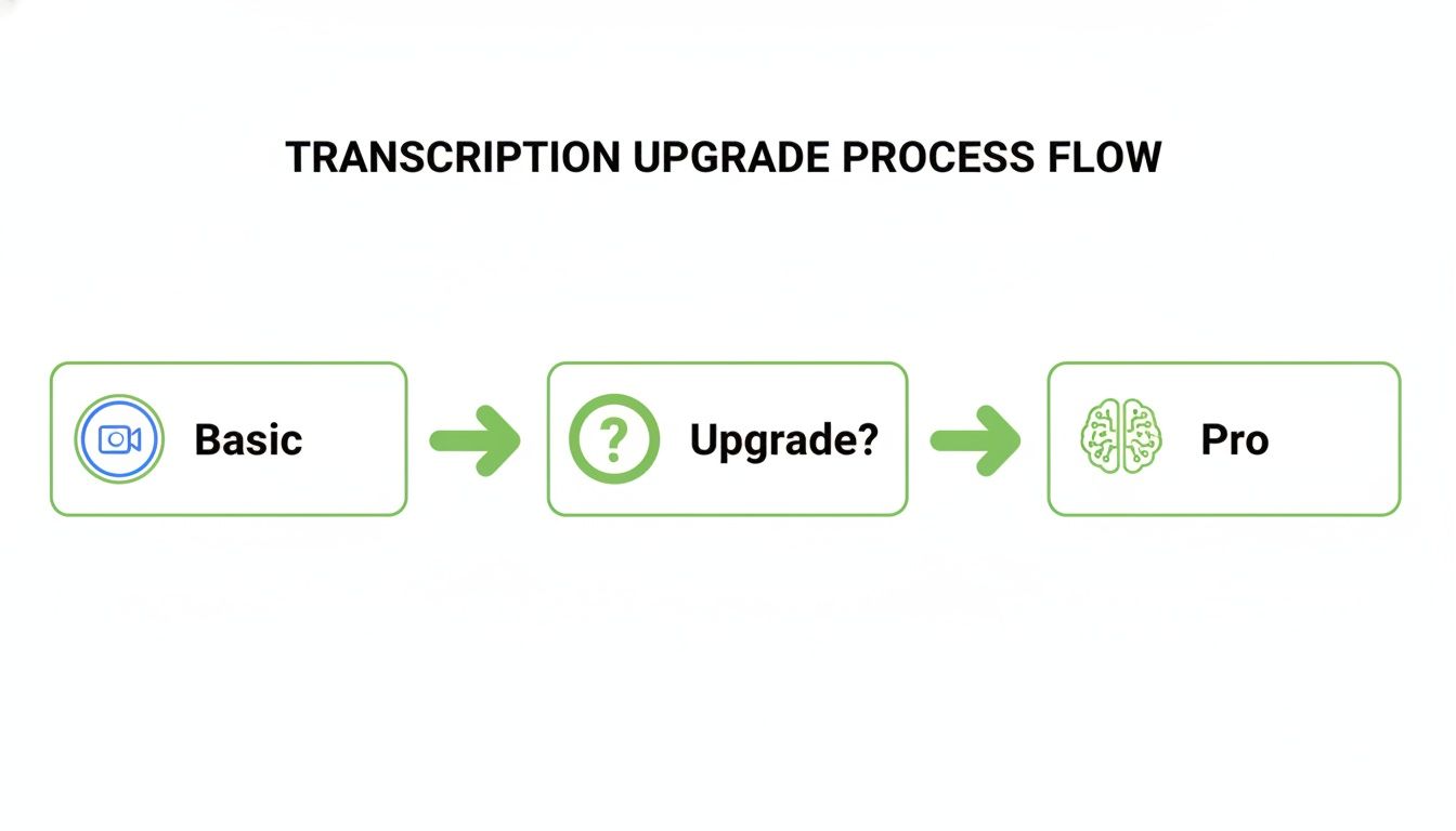 Flowchart illustrating the transcription service upgrade process from Basic to Pro levels.