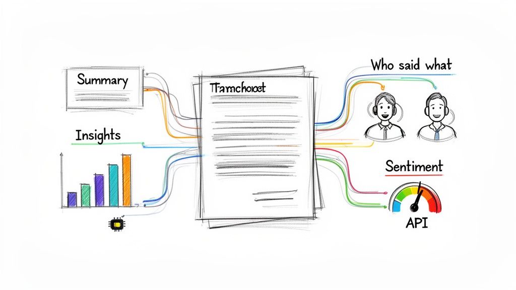 A diagram showing a document being processed into a summary, insights, speaker identification, and sentiment analysis.
