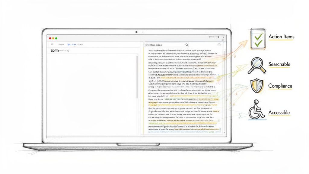 A laptop screen showing a transcription tool with highlighted text, emphasizing action items, search, compliance, and accessibility features.