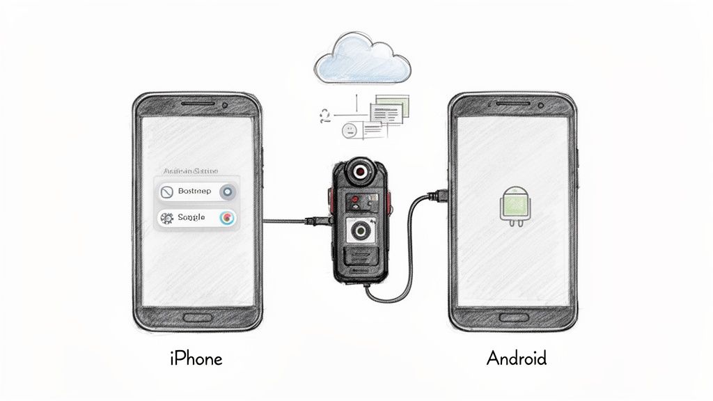 An iPhone and an Android phone connected to a portable camera, showing cloud data transfer.