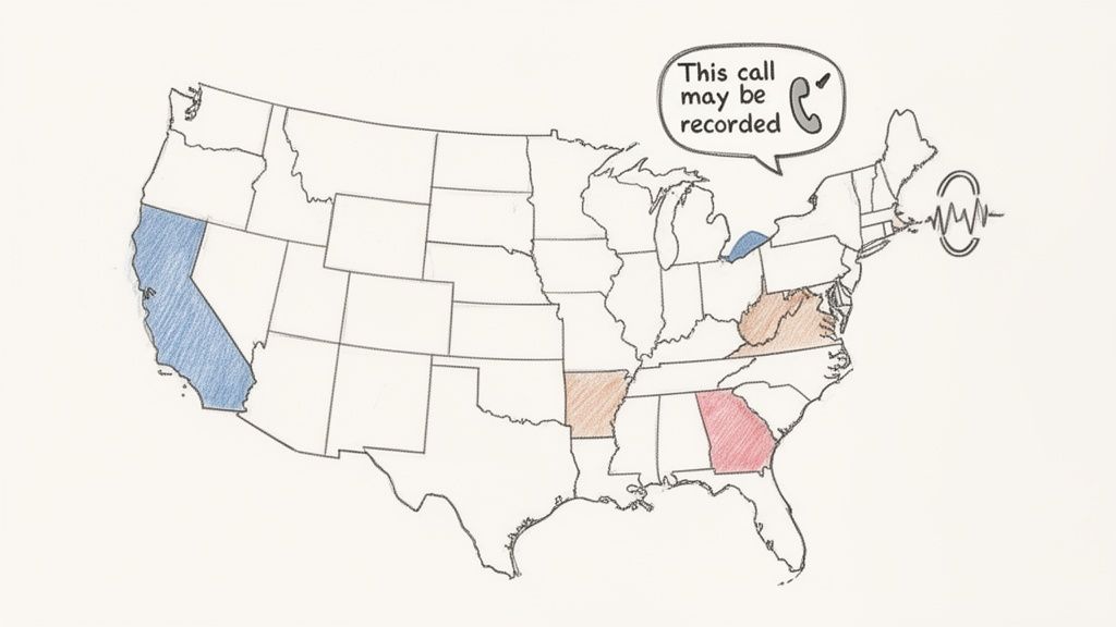 A map of the USA highlighting states with different call recording laws, with a speech bubble.