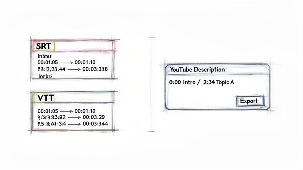 Sketches of interfaces for converting video timecodes between SRT, VTT, and YouTube description formats.