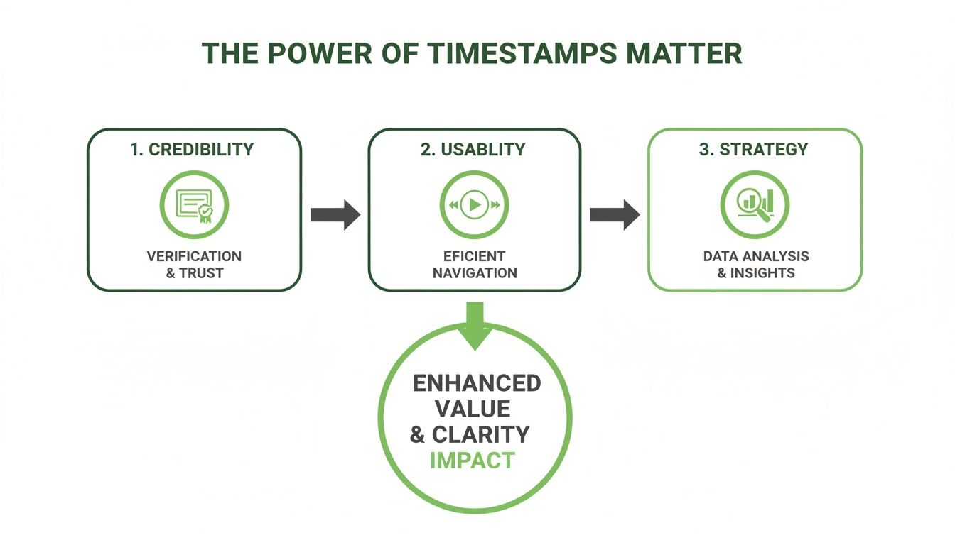 Flowchart illustrating the power of timestamps, enhancing credibility, usability, and strategy for greater impact.