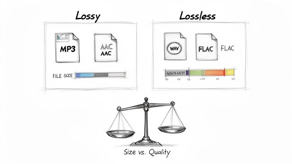 An illustration compares lossy (MP3, AAC) and lossless (WAV, FLAC) audio compression, highlighting size versus quality.