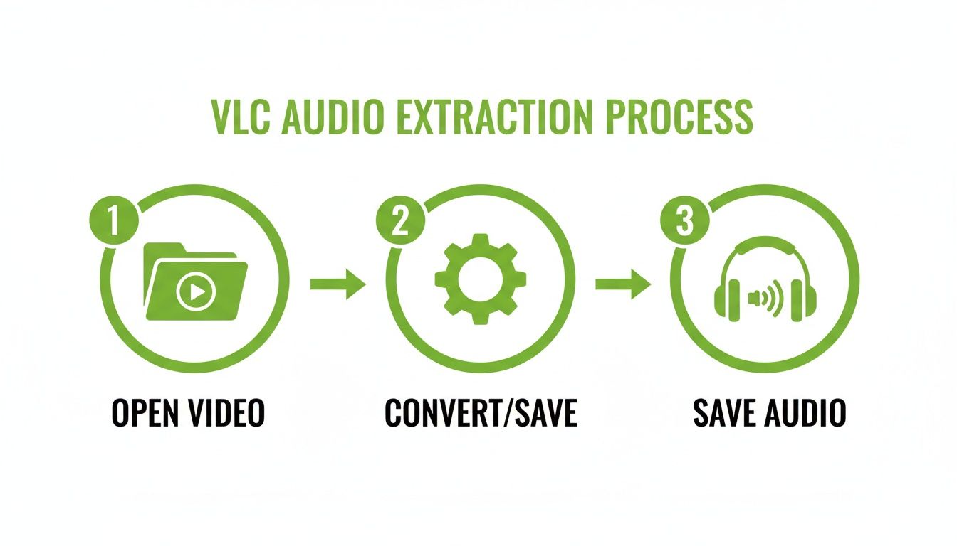 A three-step infographic showing how to extract audio from a video using VLC Media Player.