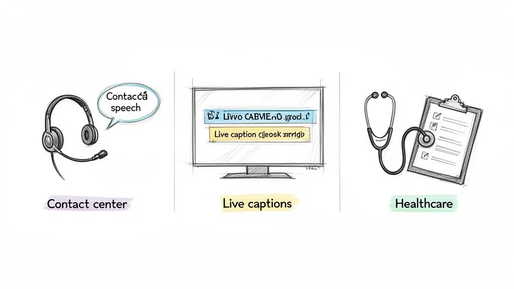 Illustration showing speech recognition applications in contact centers, live captions, and healthcare settings.