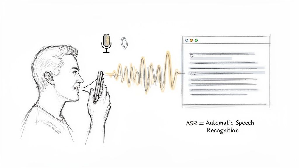 Illustration of a person speaking into a phone, converting speech into text via Automatic Speech Recognition.