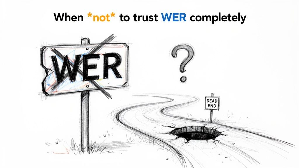 A conceptual drawing illustrating when not to rely solely on the word error rate metric.