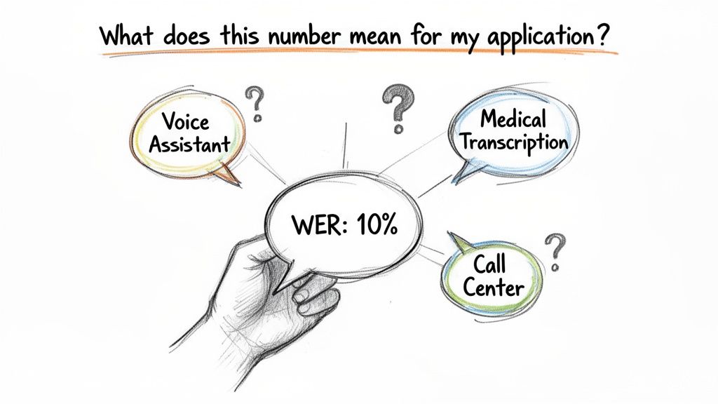 A hand holding a speech bubble with WER 10% next to questions about various speech transcription applications.