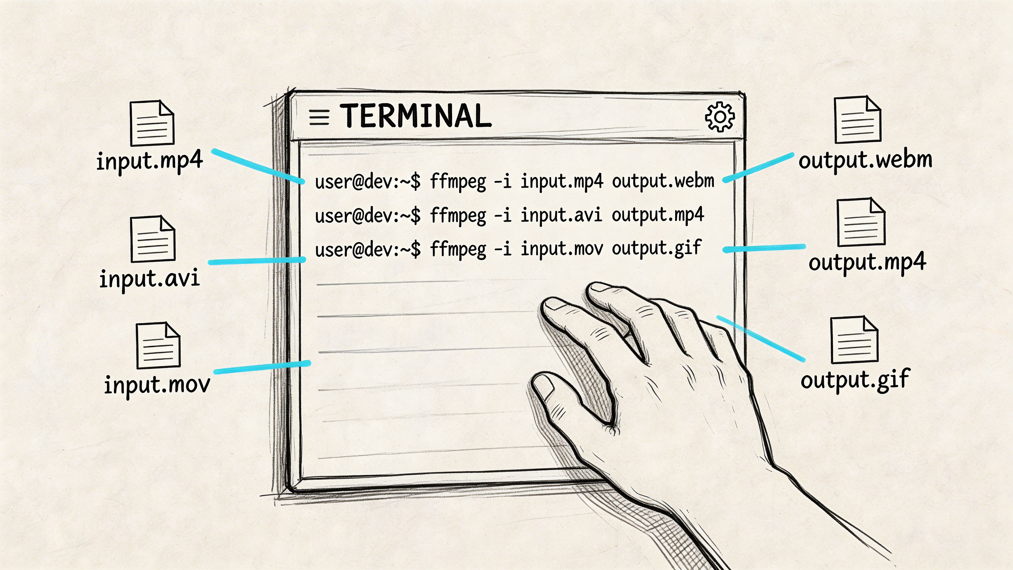 A hand interacting with a terminal showing various ffmpeg video format conversion commands.