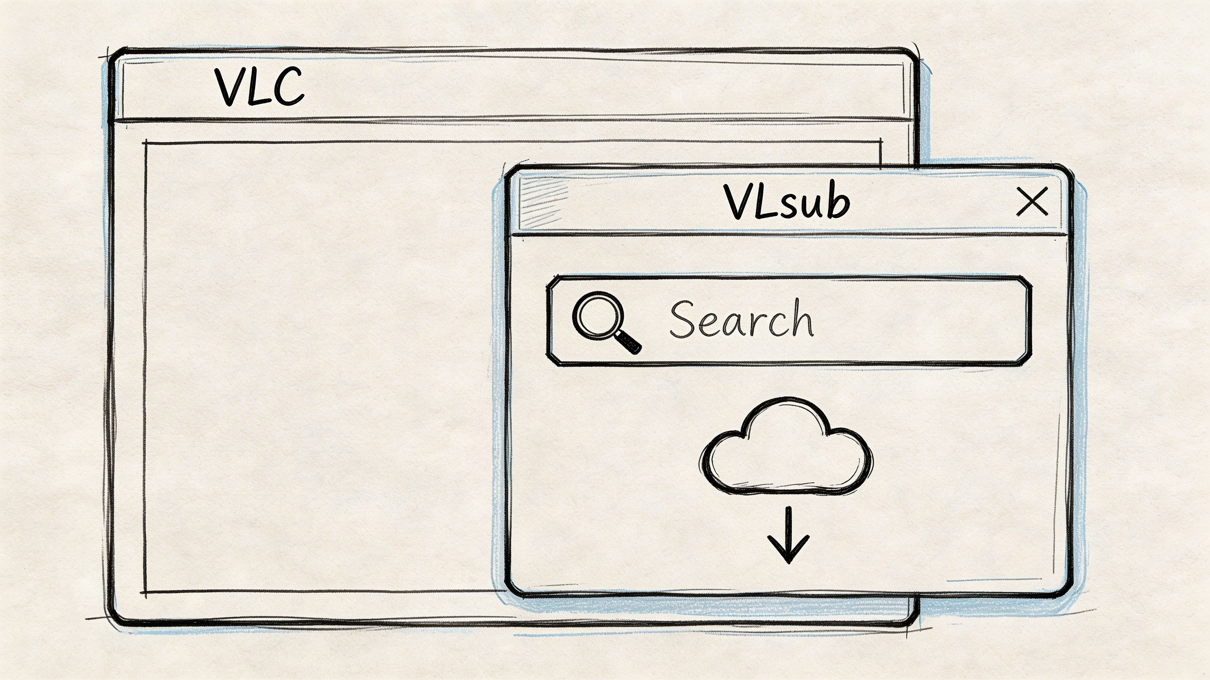 A hand-drawn sketch illustration of a VLC media player window with an open VLsub subtitle downloader popup.
