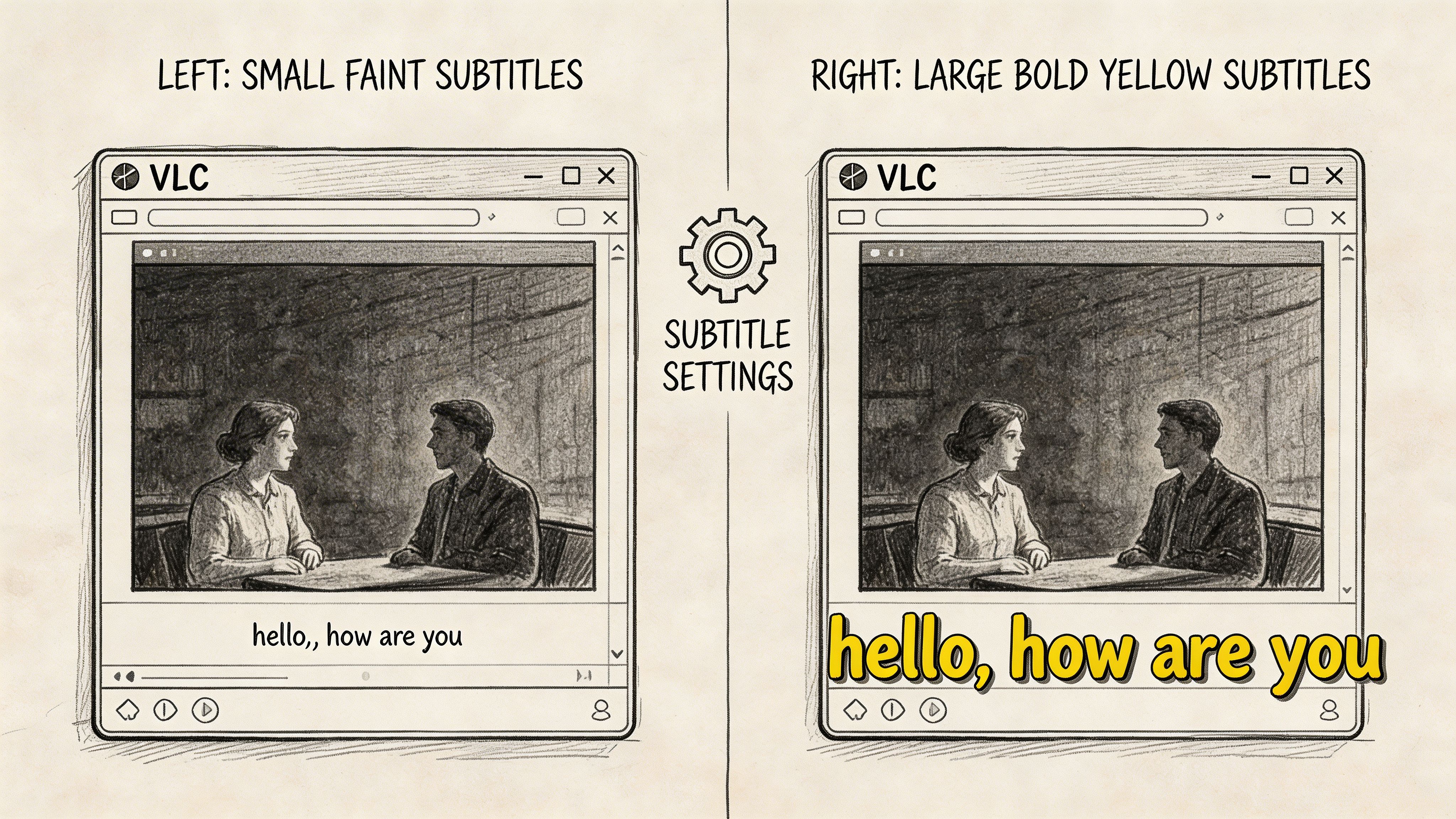A comparison illustration showing VLC media player subtitle customization options between small text and large bold yellow text.
