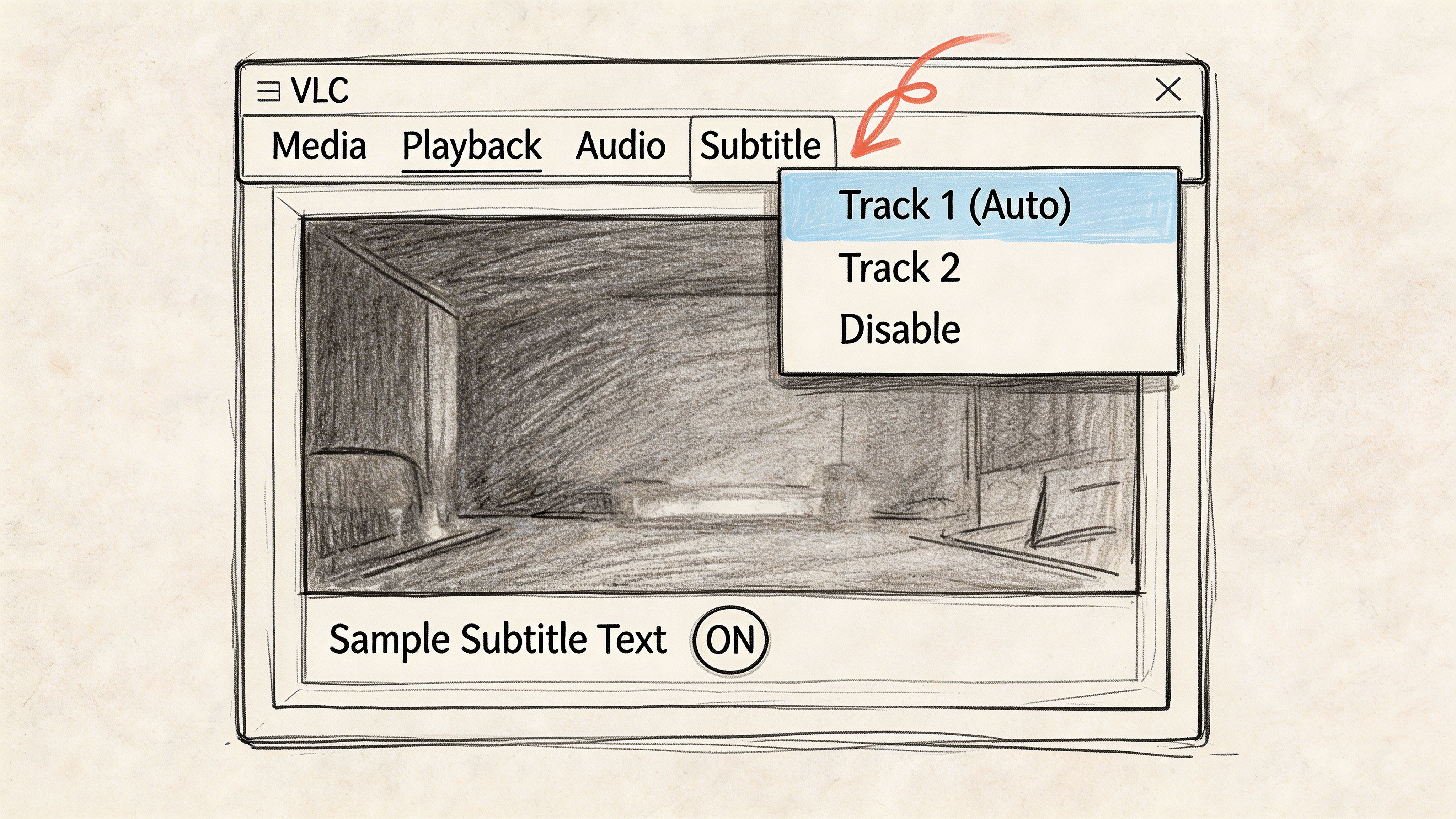 A hand-drawn illustration of the VLC media player interface showing an open subtitle selection menu.