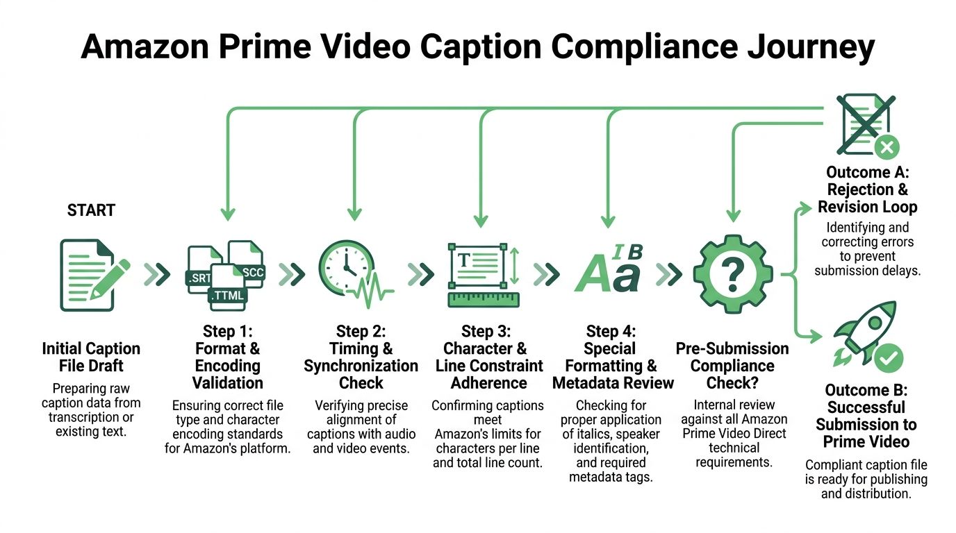 An infographic showing the step-by-step workflow for ensuring Amazon Prime Video caption compliance during content submission.