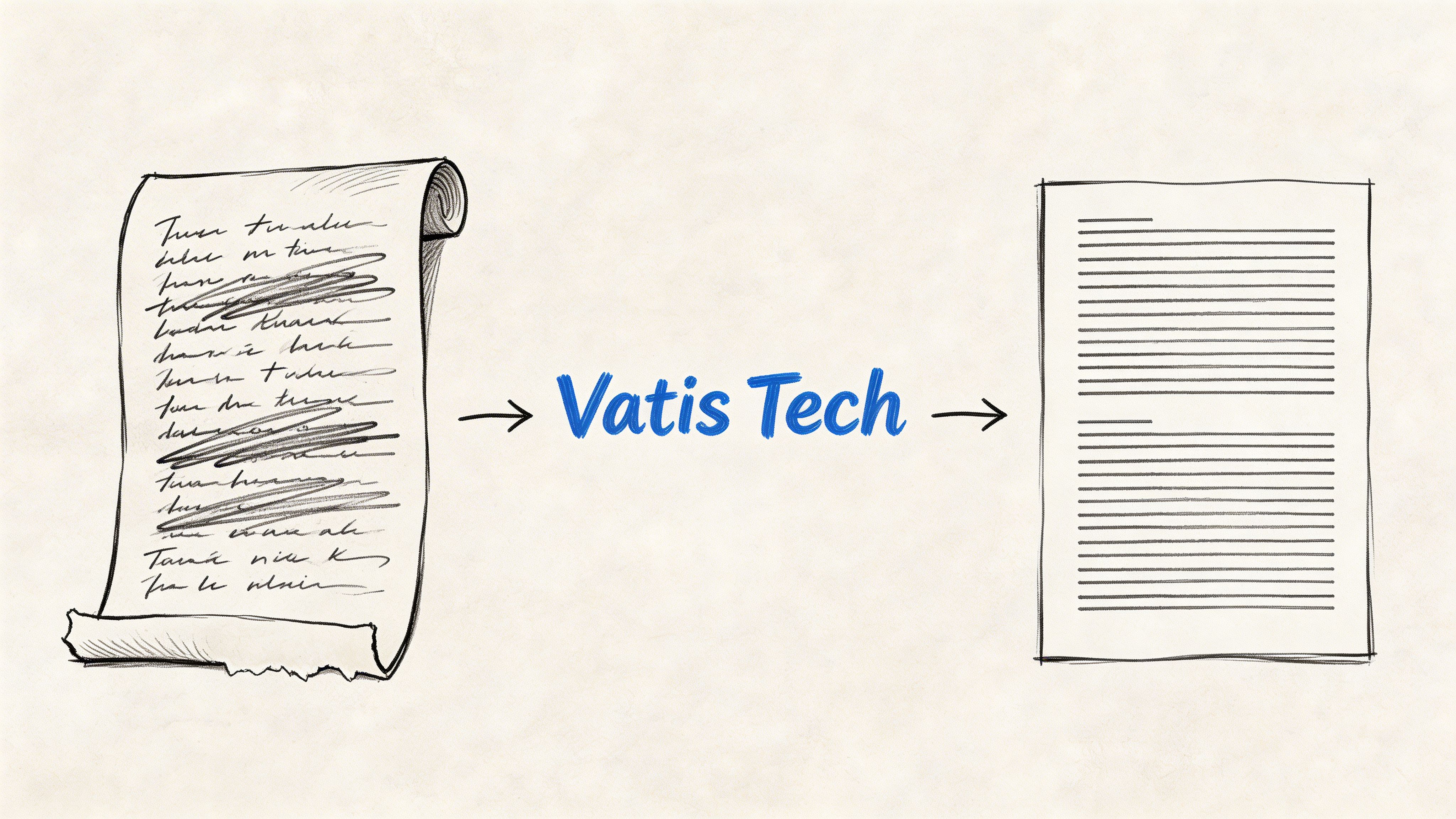 A hand-drawn illustration showing messy handwritten notes being converted into neat, structured digital text by Vatis Tech.