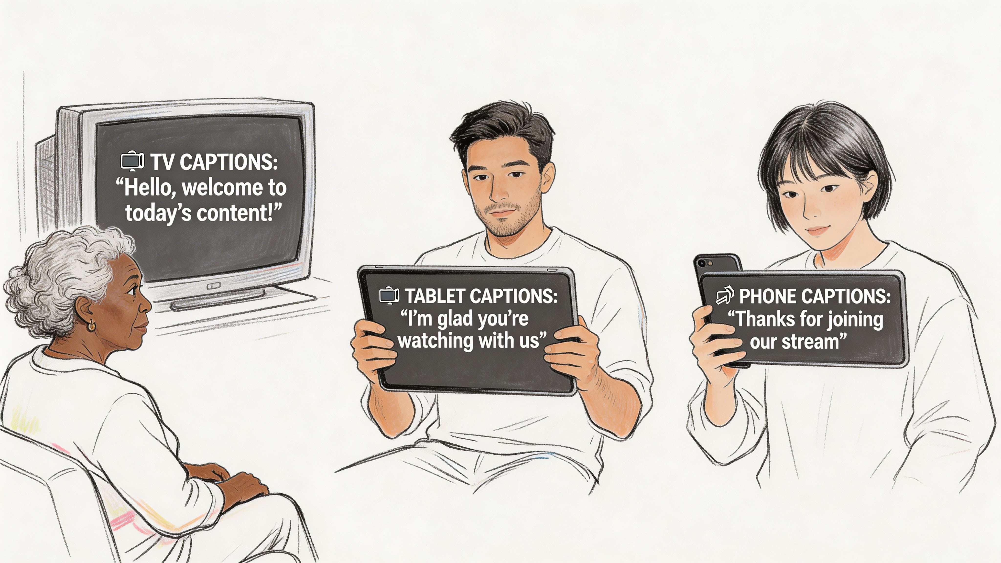 Three people watching content on a television, a tablet, and a mobile phone with closed captions displayed.
