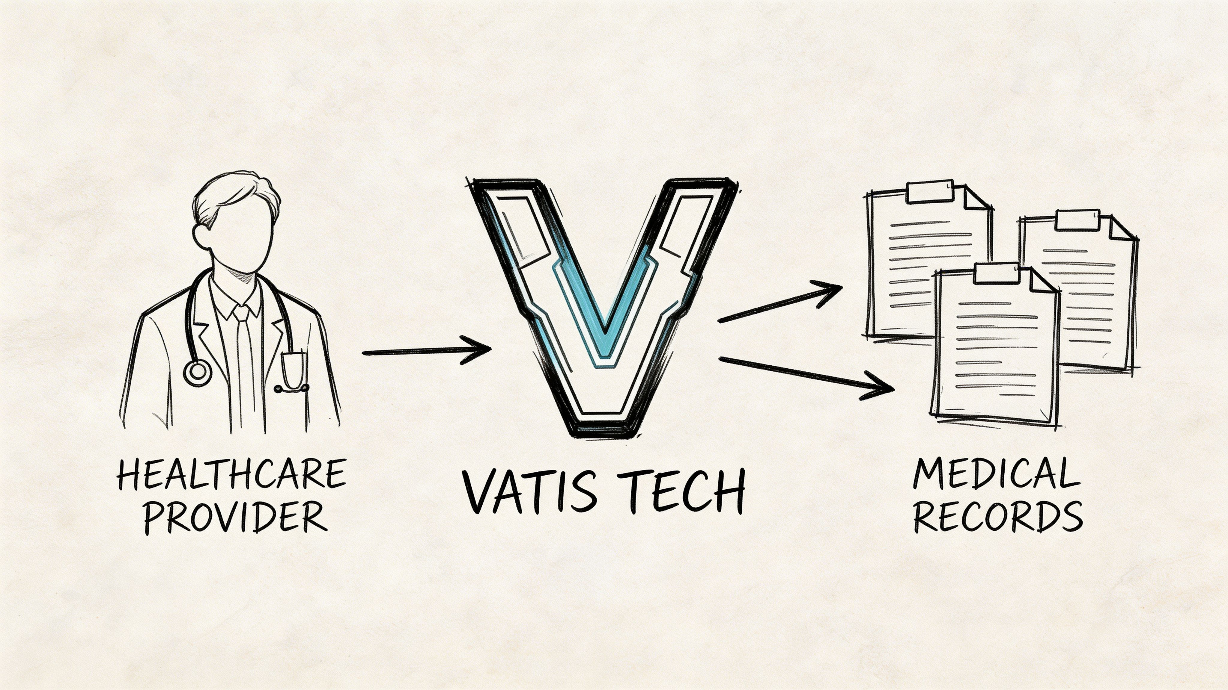 A conceptual diagram showing a healthcare provider using Vatis Tech to generate and process medical records.