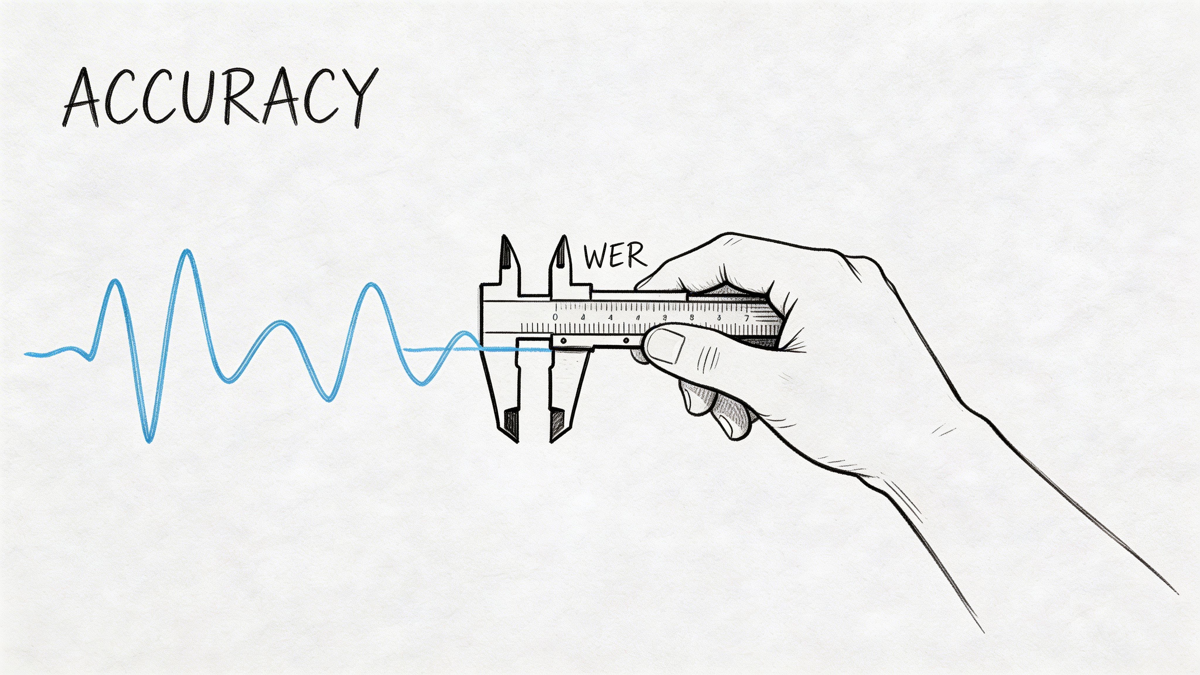 A hand holding a caliper measuring a blue sound wave line with the label WER for accuracy.
