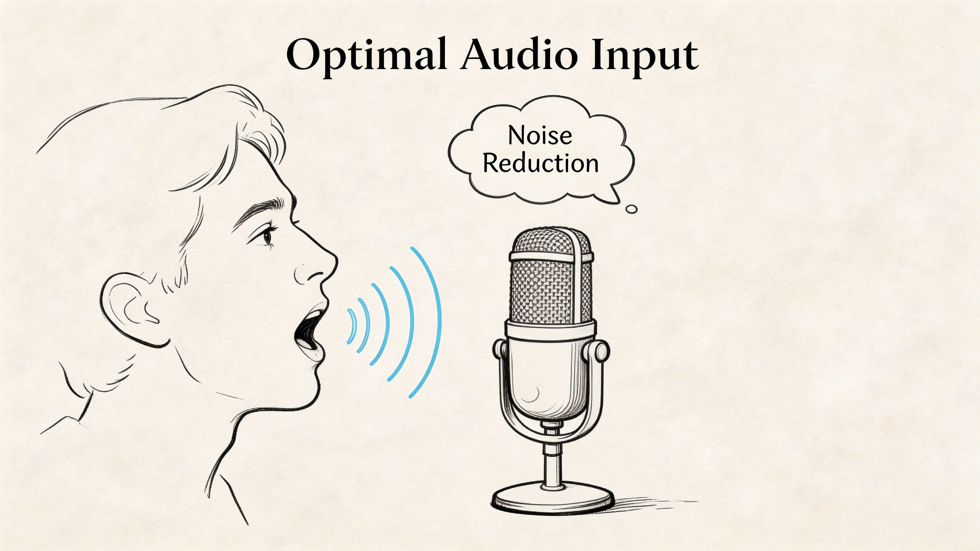 A line drawing illustration showing a person speaking into a vintage-style microphone with noise reduction labels.