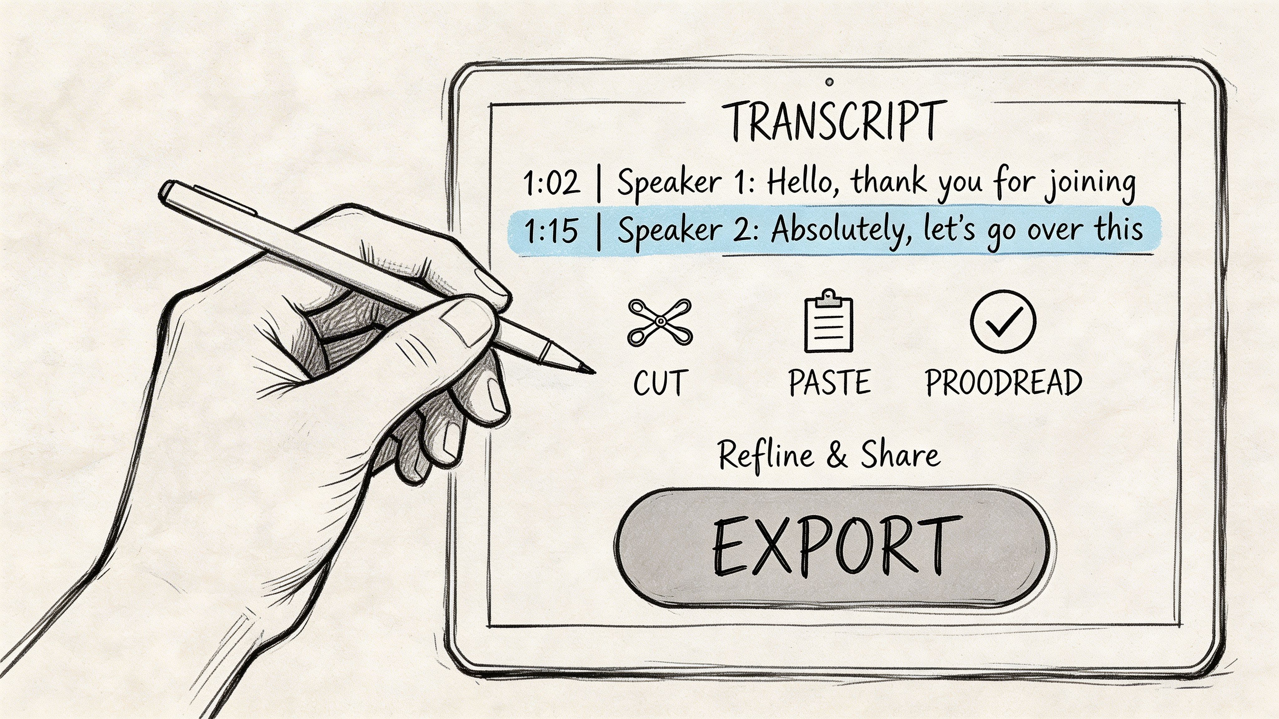 A hand holding a stylus pen over a tablet screen showing a transcript with editing icons.