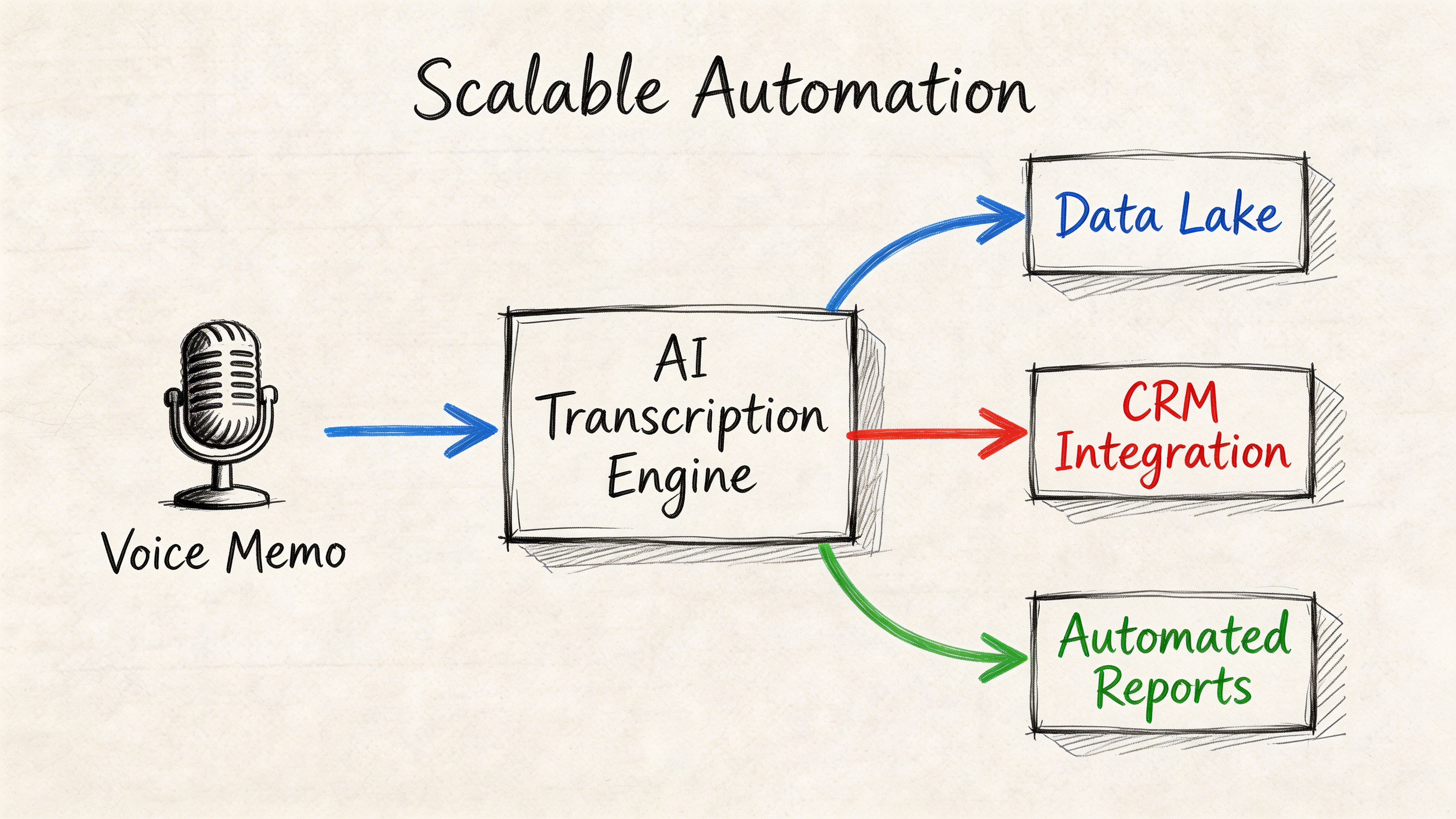 A diagram illustrating scalable automation from voice memos to data storage, CRM integration, and automated reporting systems.