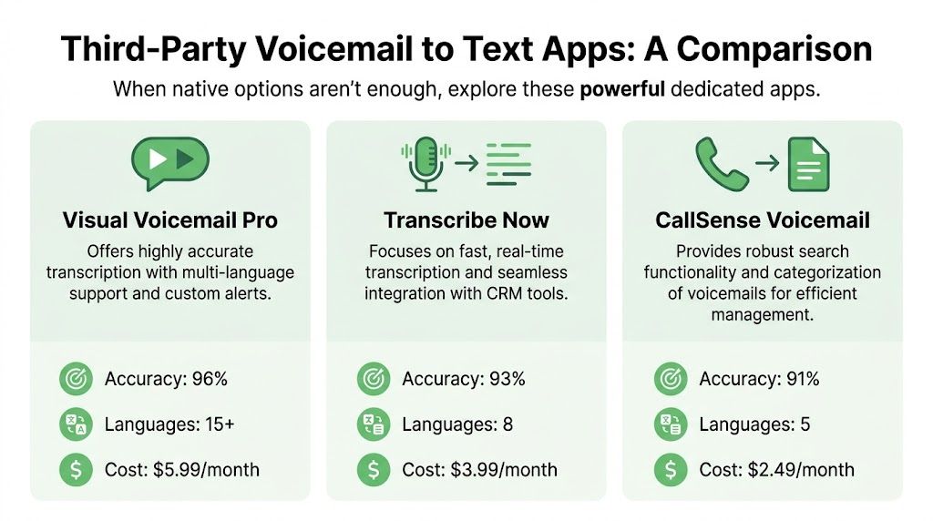 A comparison chart of three third-party voicemail to text apps displaying their features, accuracy, languages, and pricing.