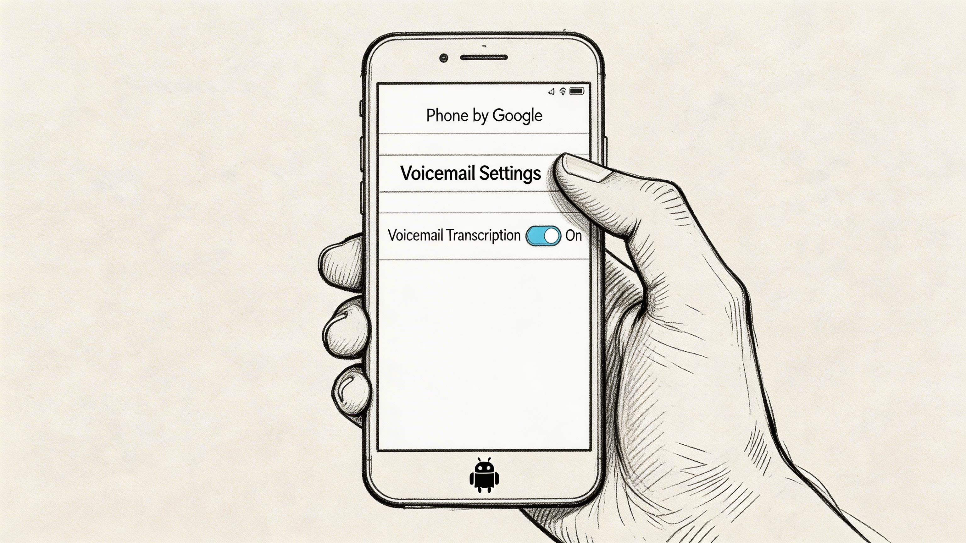 A hand holding a smartphone displaying the Phone by Google voicemail transcription settings screen.