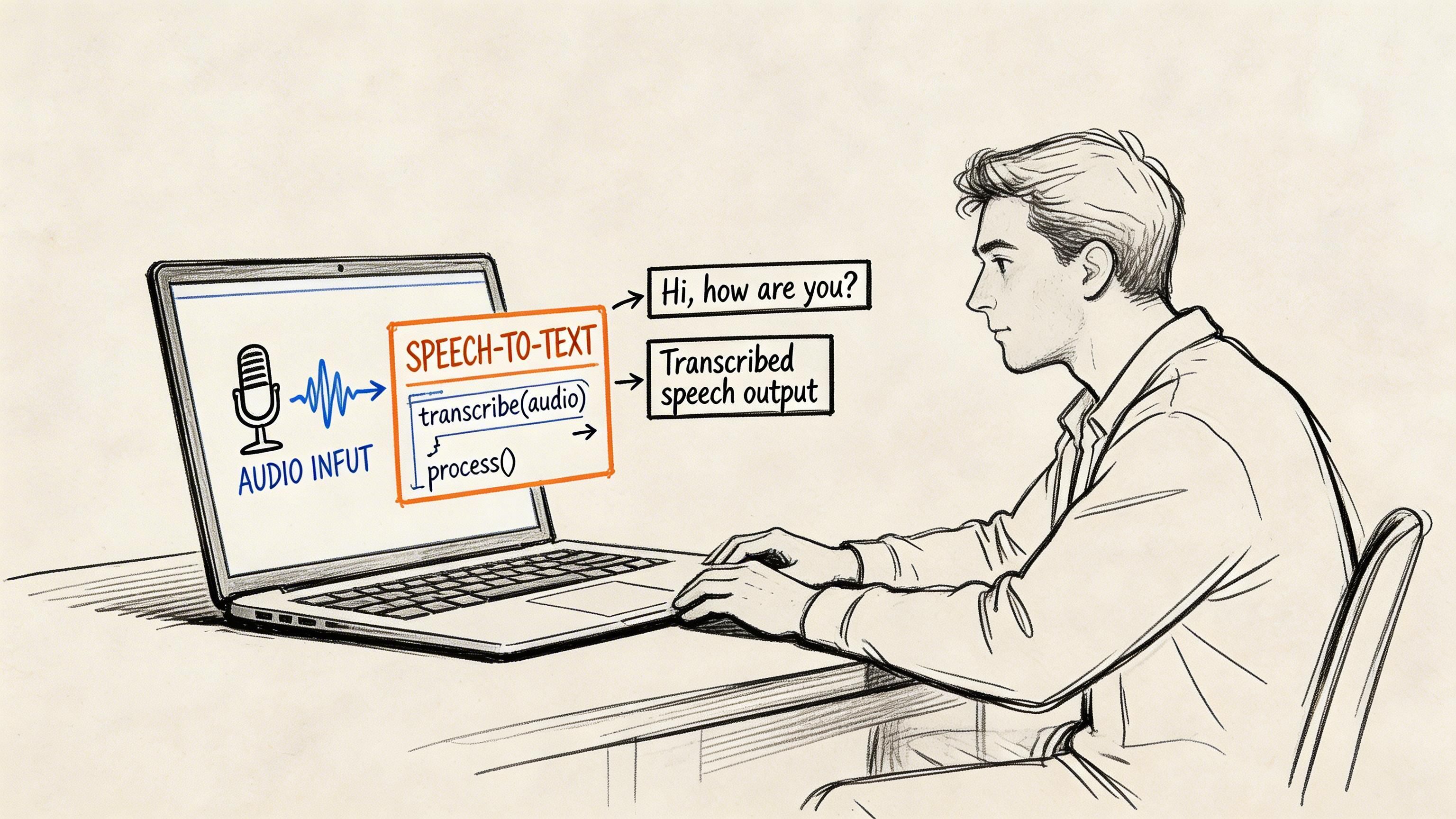 A person using a laptop to illustrate the speech-to-text transcription process with audio input.