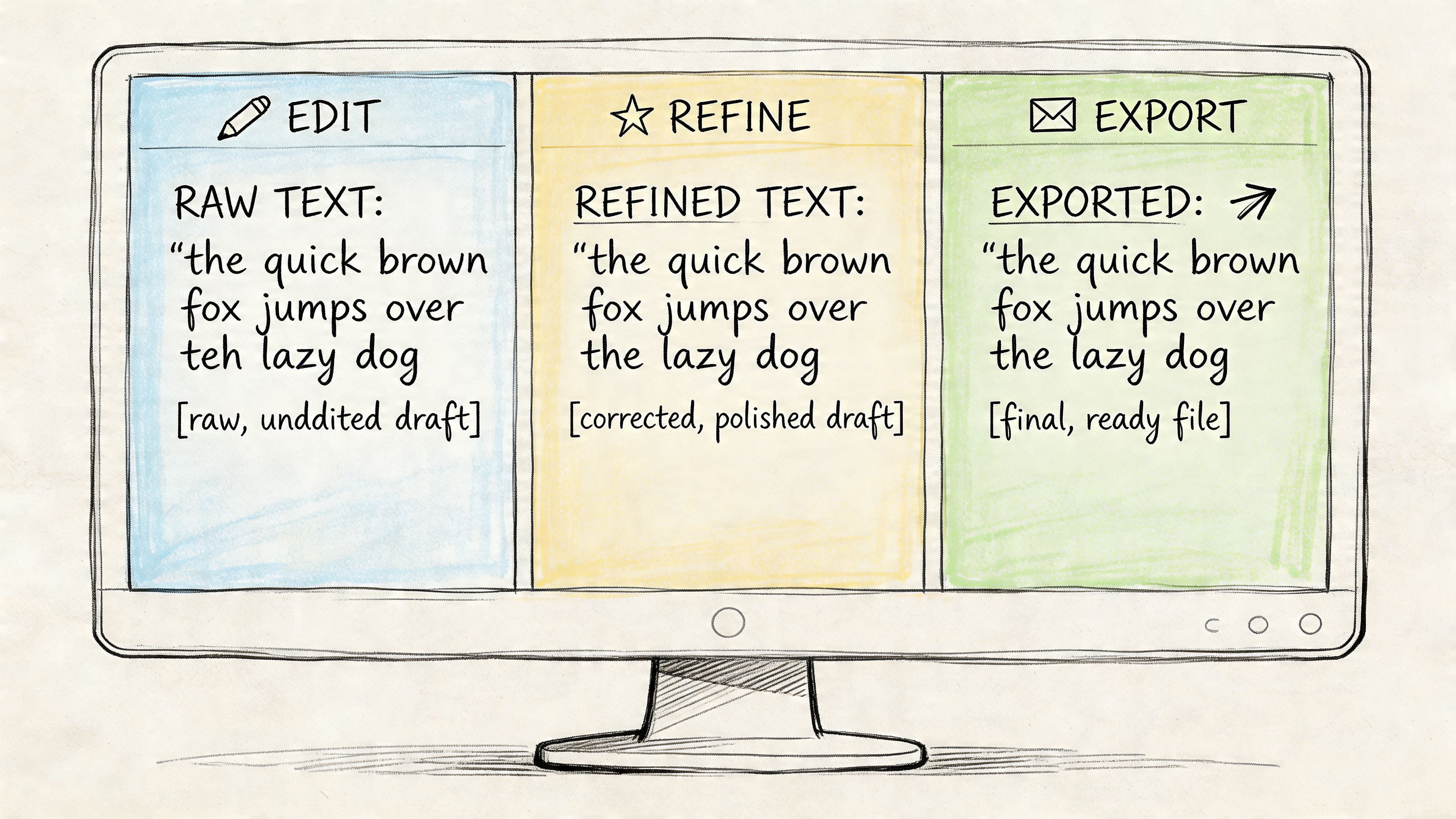 A hand-drawn illustration on a computer screen showing the three-step workflow of edit, refine, and export.