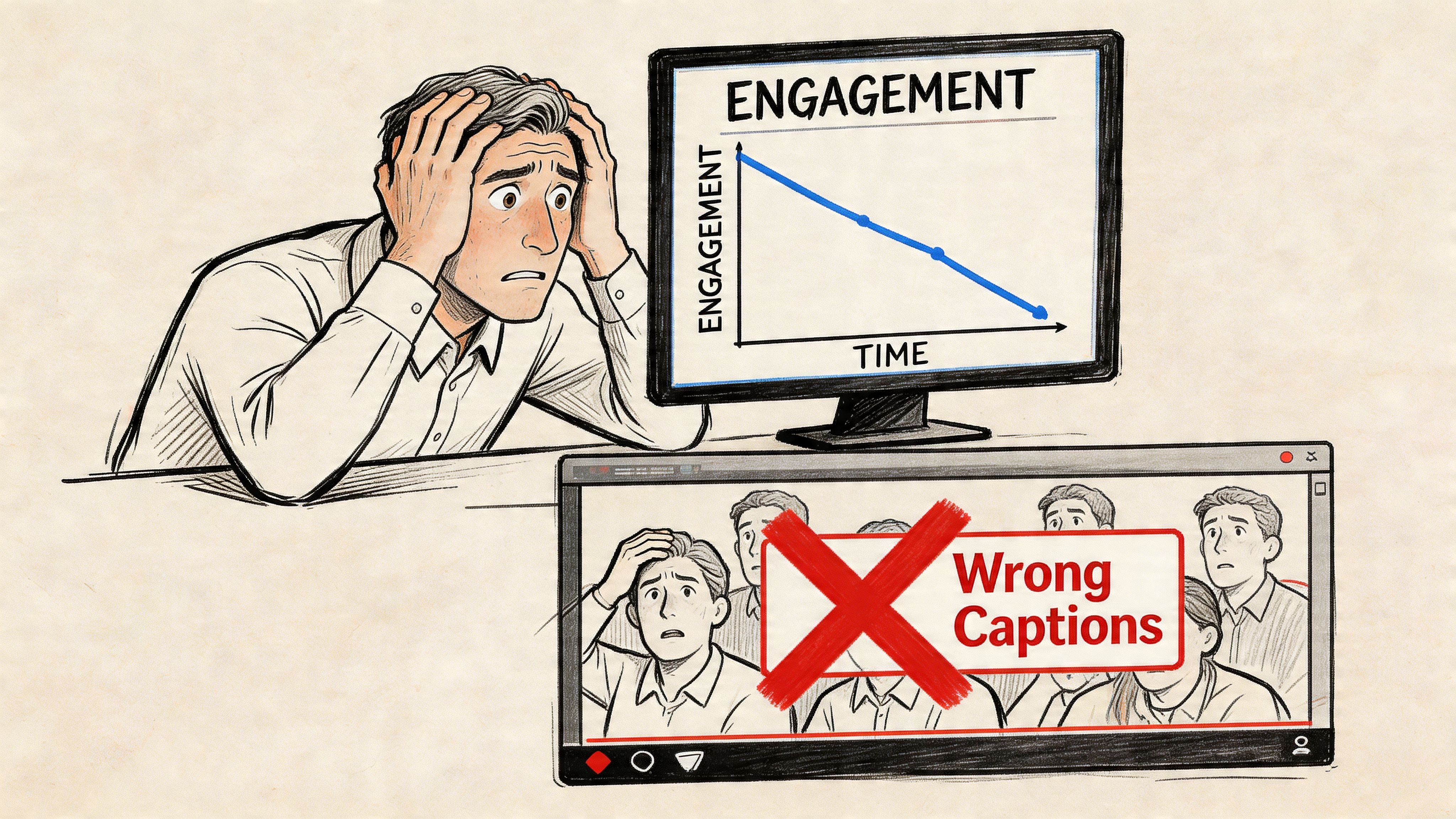 A distressed man looking at a declining engagement graph caused by incorrect video closed captions or subtitles.