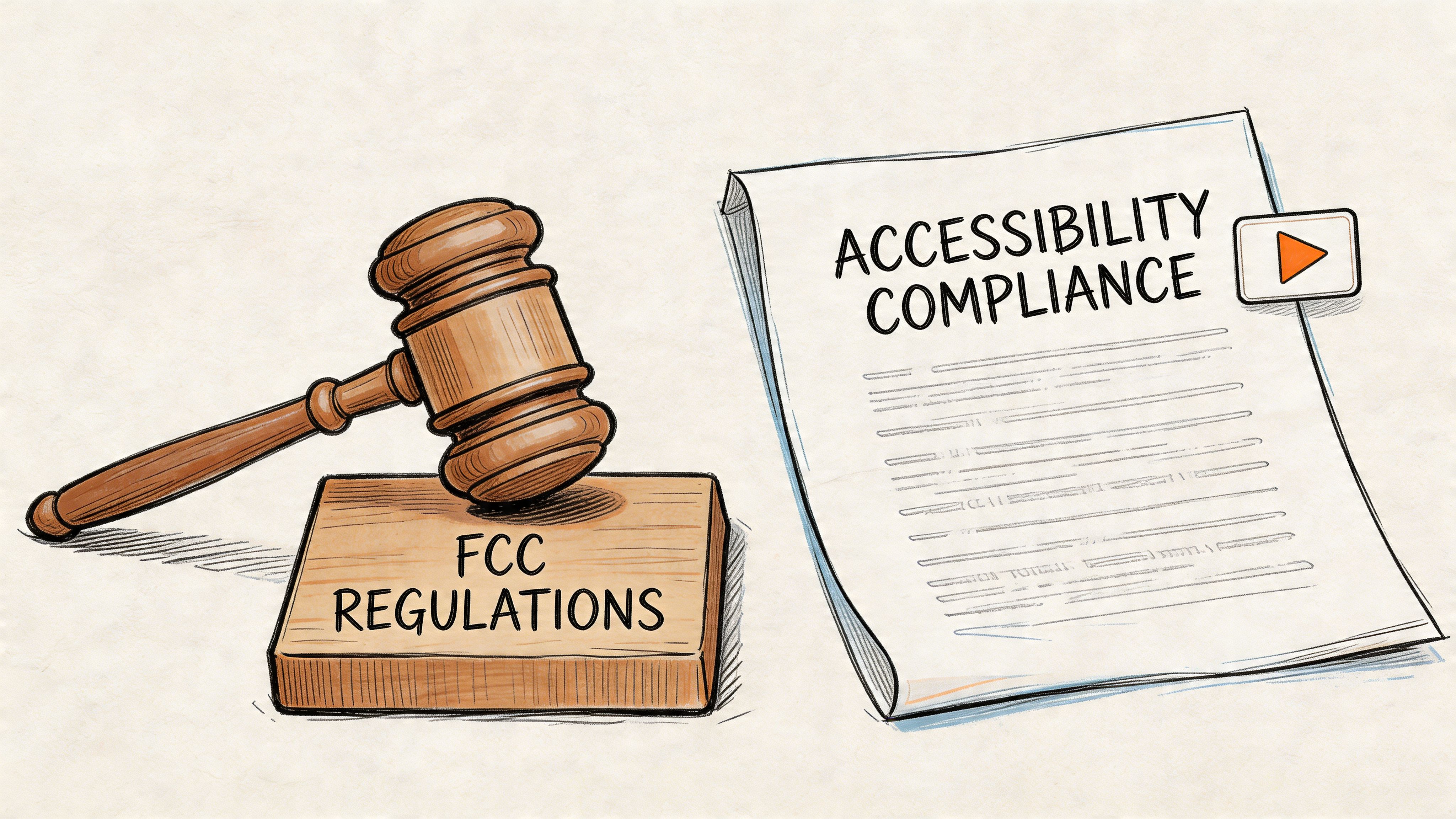 A wooden gavel resting on a block labeled FCC Regulations next to a document titled Accessibility Compliance.