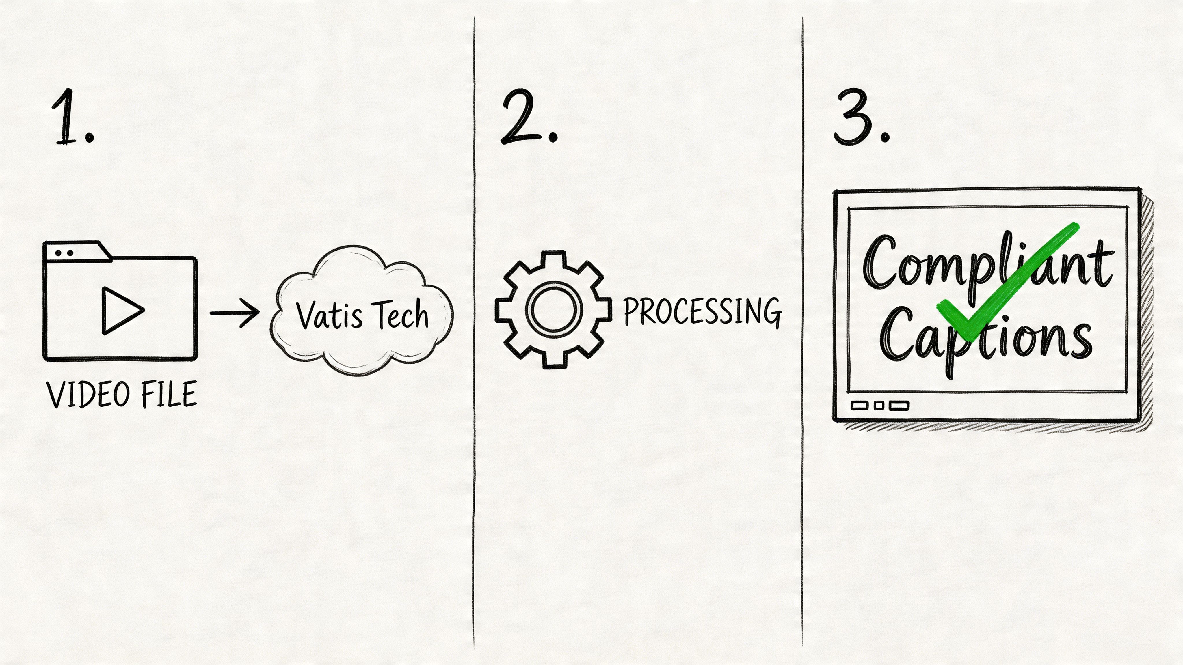 A three-step diagram showing a video file processed by Vatis Tech to create compliant captions.
