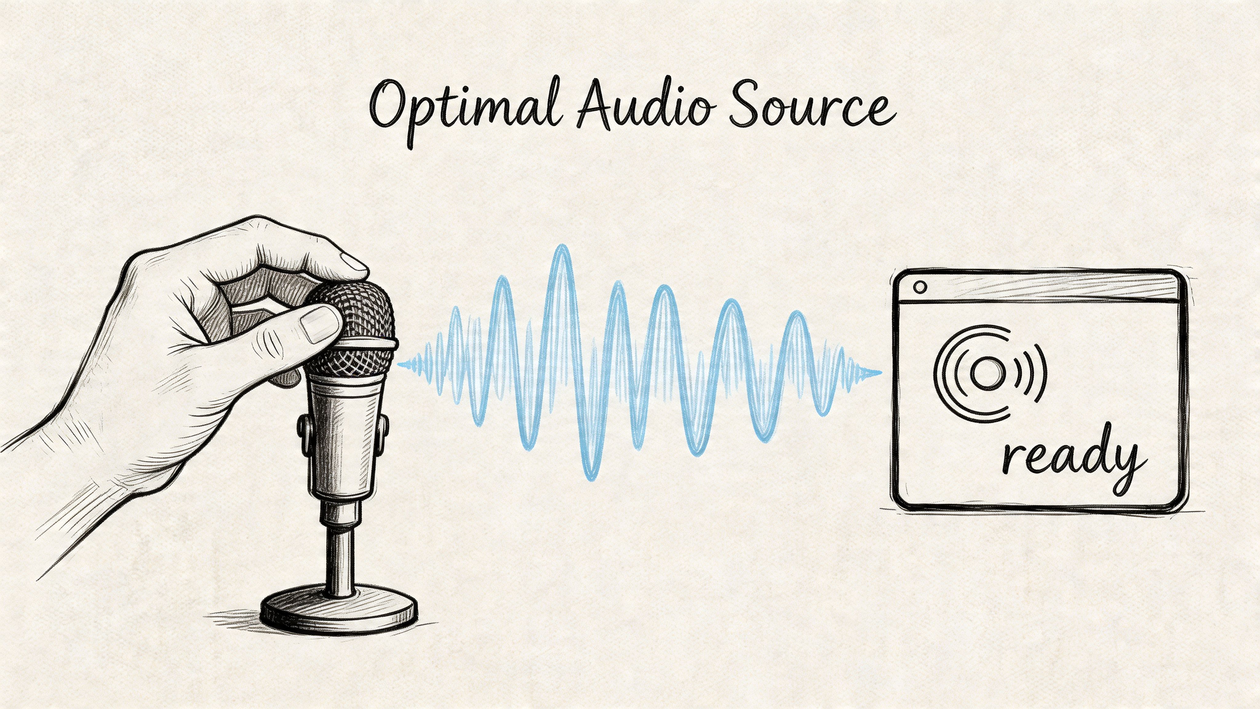 A hand holding a microphone sending audio sound waves to a tablet device displaying the word ready.