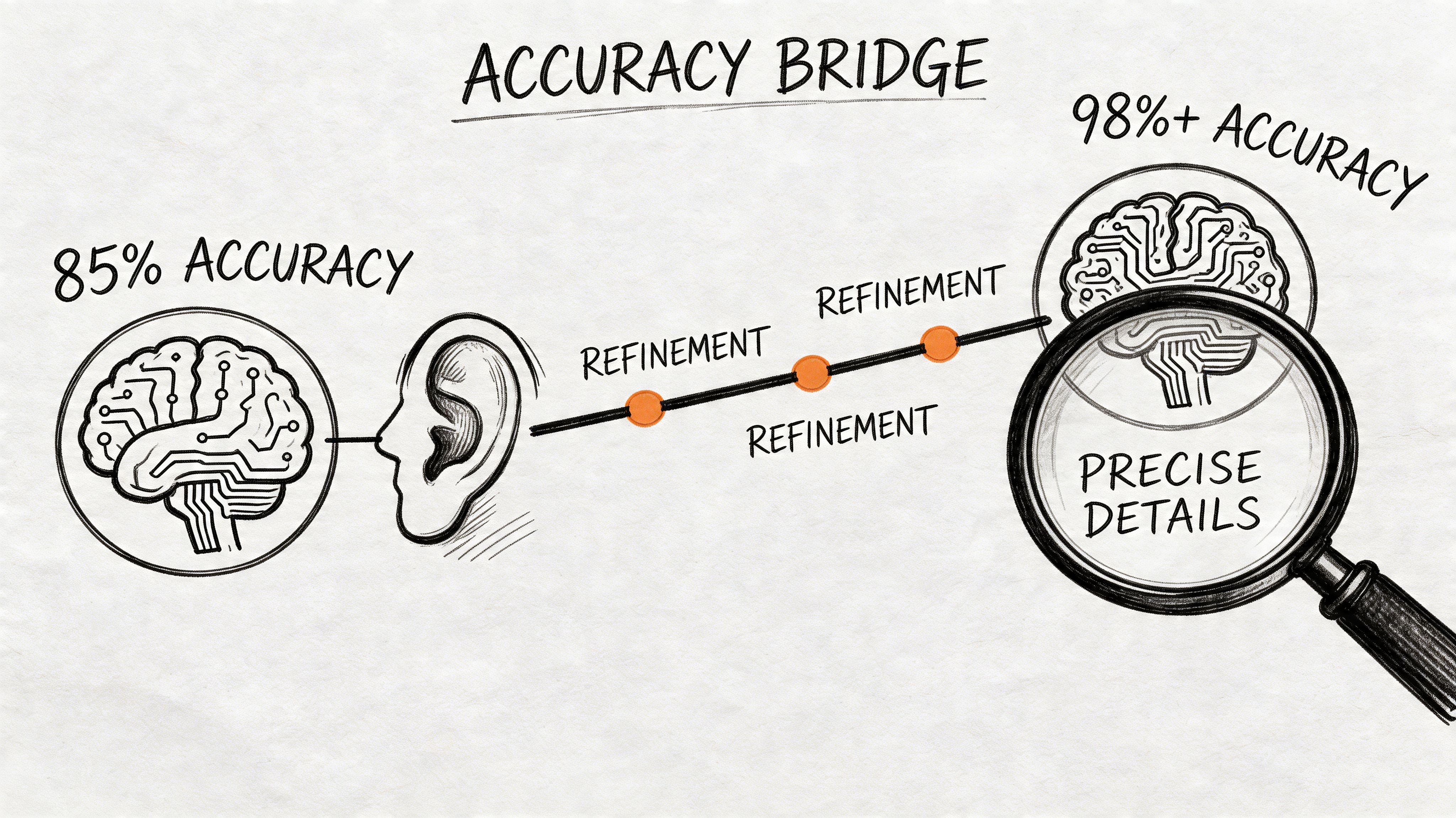 A diagram titled Accuracy Bridge showing a process that improves transcription accuracy from 85% to 98%.