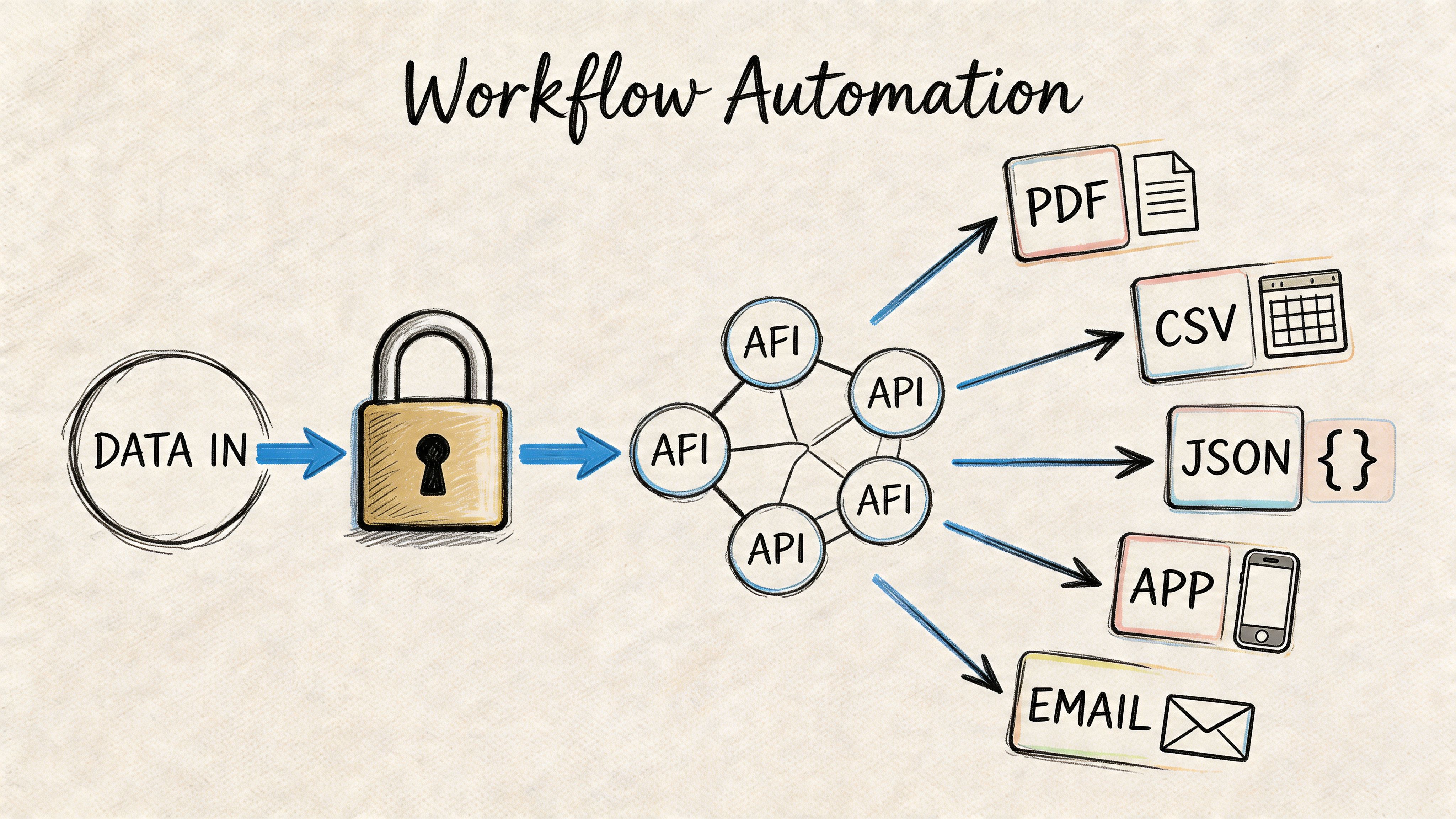 A diagram illustrating workflow automation showing data processing through APIs into PDF, CSV, JSON, app, and email formats.
