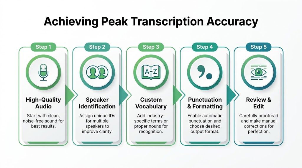 A five-step infographic showing how to achieve peak transcription accuracy using high-quality audio and automated tools.