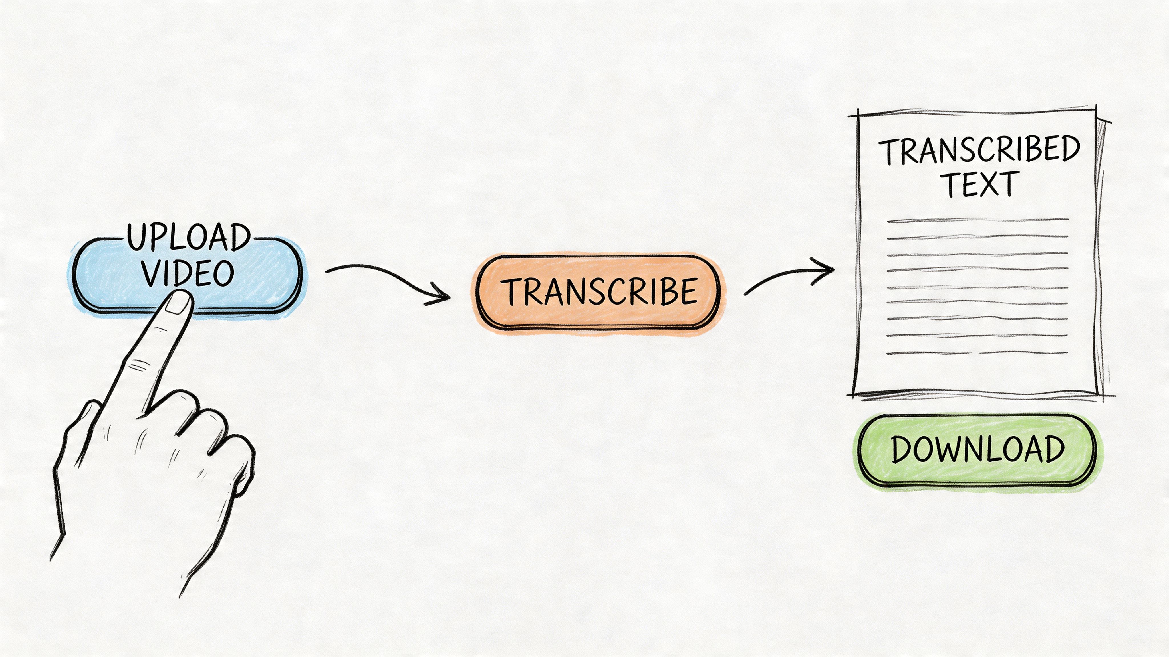 A hand pressing a button to upload a video, which then gets transcribed into text to download.