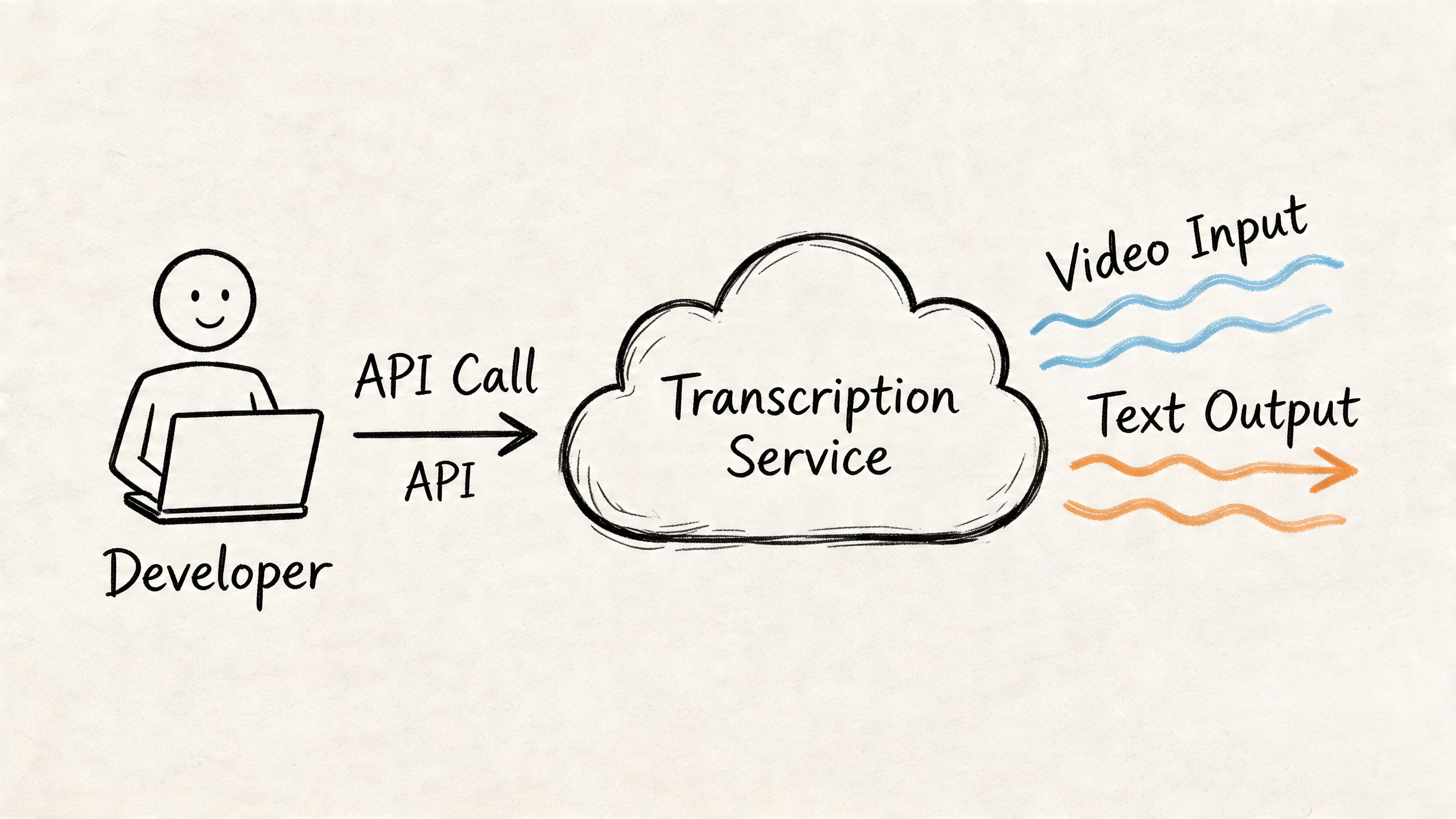 A hand-drawn illustration showing a developer making an API call to a cloud transcription service for video.