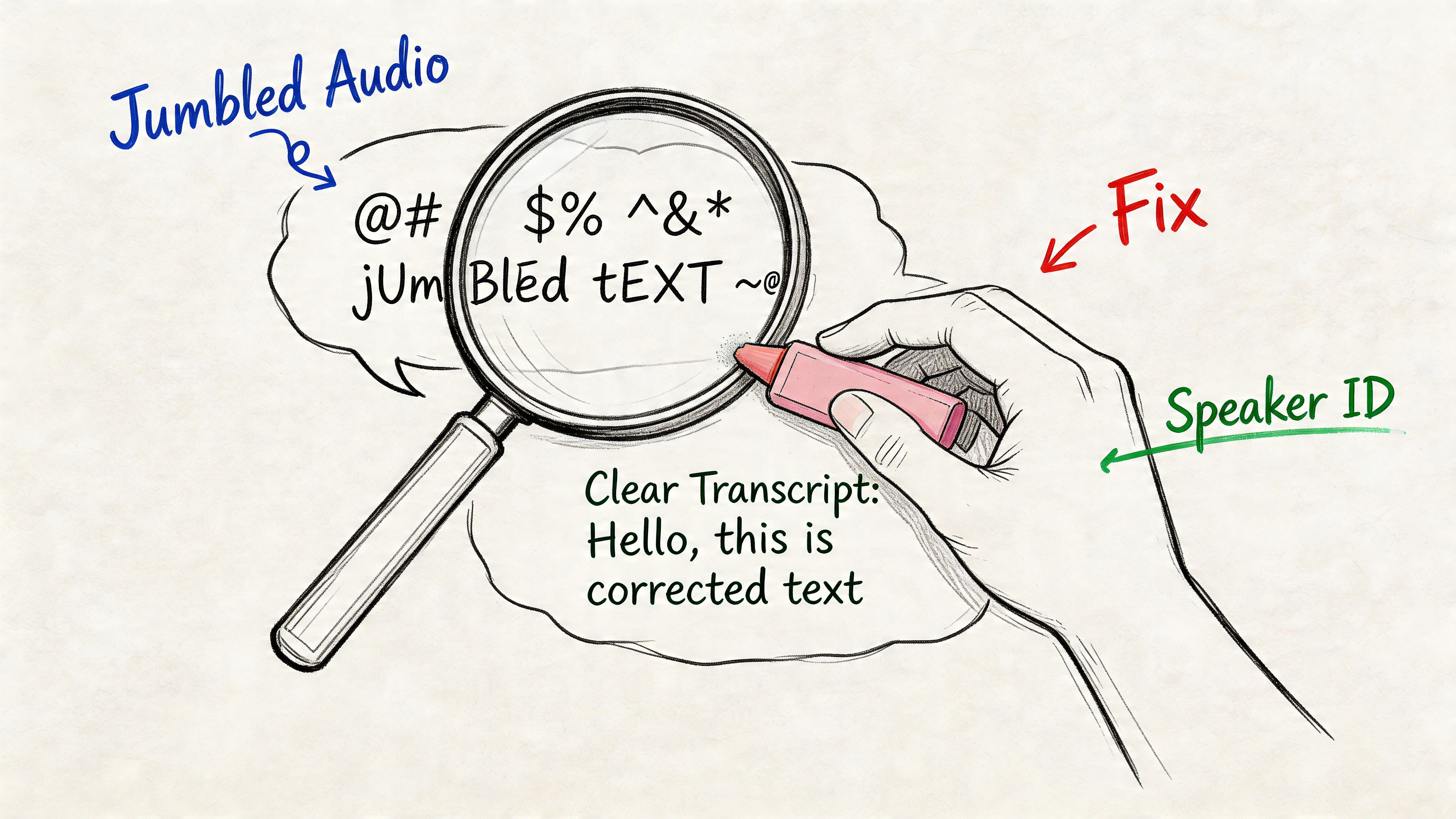 A hand using a red marker to edit jumbled text under a magnifying glass into a clear transcript.