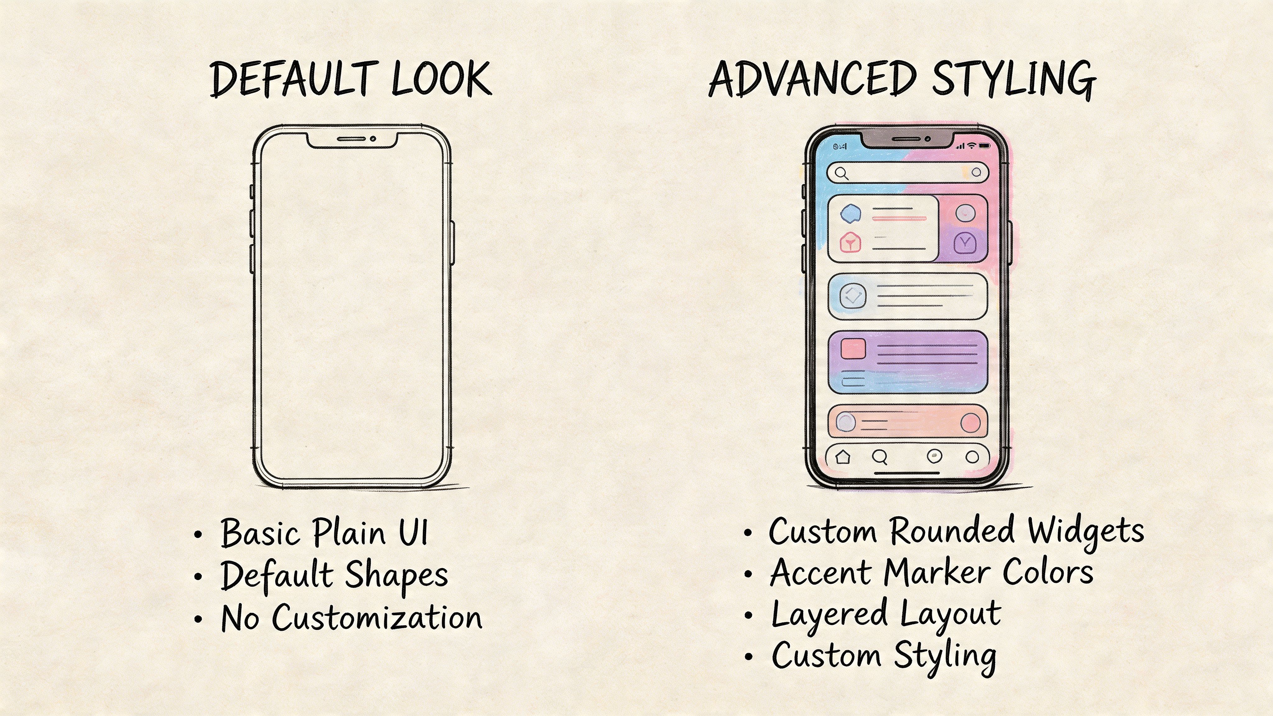 A hand-drawn comparison showing a basic blank smartphone interface versus a custom styled interface with colorful widgets.